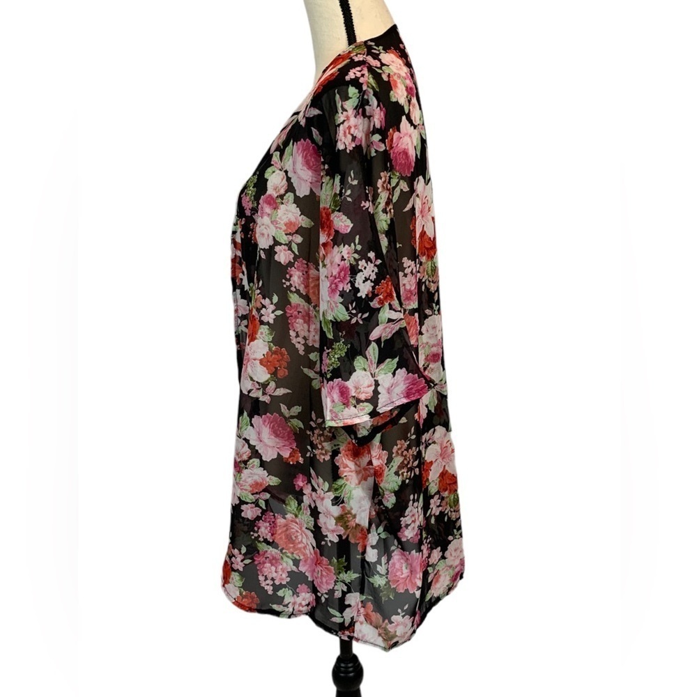 Ladiery Women's Floral Chiffon Kimono Cardigan - Black / Pink - S / M - Picture 4 of 5